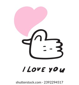 Handwriting phrase - I love you. Cute little duck. Best for Valentine's day design. Outline vector illustration. 