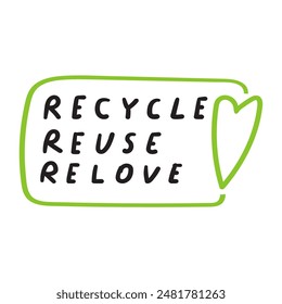 Handwriting phrase - recycle, reuse, relove. Badge. Vector design. Illustration on white background.