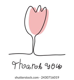 Handwriting phrase - thank you. Simple flower illustration. One line art style. Vector graphic design on white background. 
