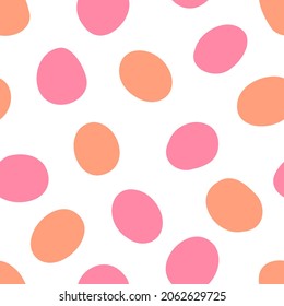 Handwriting polka dots. Spot seamless pattern. Stylized pink, orange round dots on white background. Hand drawn vector texture. Contemporary design asset. Flat abstract modern backdrop. Simple doodle.