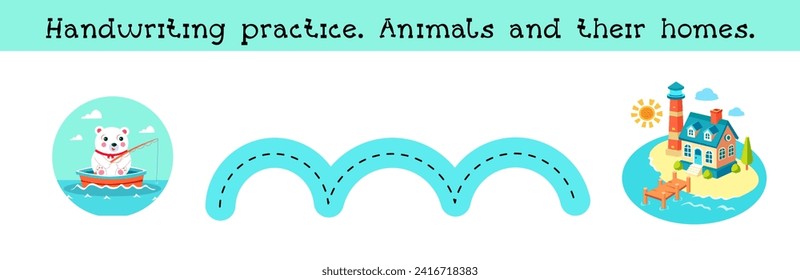 Handwriting practice. Animal and their home. Puzzle game for preschool children. Activity for kids. Cartoon vector illustration. 