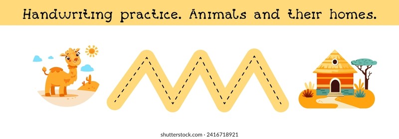 Handwriting practice. Animal and their home. Puzzle game for preschool children. Activity for kids. Cartoon vector illustration. 