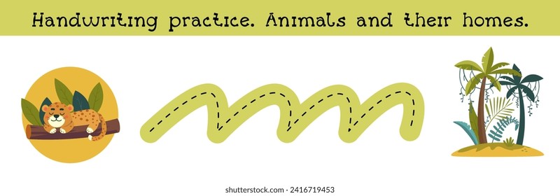 Handwriting practice. Animal and their home. Puzzle game for preschool children. Activity for kids. Cartoon vector illustration. 
