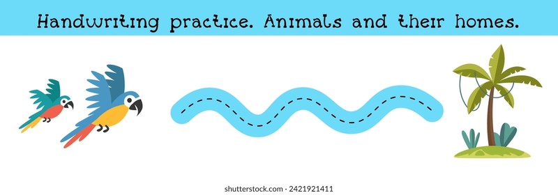 Handwriting practice. Animal and their home. Puzzle game for preschool children. Activity for kids. Cartoon vector illustration