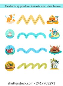 Handwriting practice. Animals and their homes. Puzzle games for preschool children. Activity for kids. Cartoon vector illustrations. 