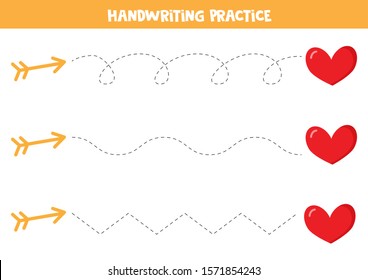 Handwriting practice with arrows and hearts.