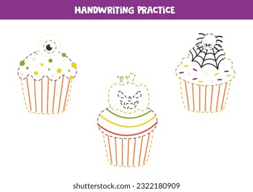 Handwriting practice with cartoon Halloween cupcakes. Tracing lines for preschoolers. Educational game for kids.