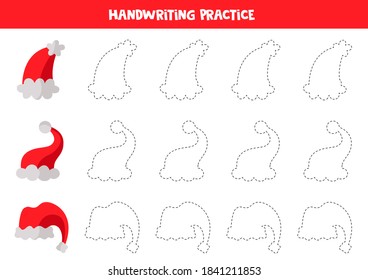 Handwriting practice with cartoon red Santa Claus caps. Trace contours.