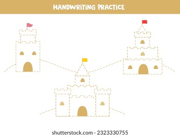 Handwriting practice with cartoon sand castles. Tracing lines for preschoolers. Educational game for kids.