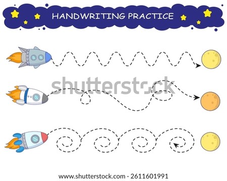 Handwriting practice. Cartoon space ship. Drawing lessons. Education developing worksheet. Activity page.