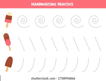 Práctica de escritura a mano con cremas de hielo vectorial de dibujos animados. Hoja de trabajo educativa para niños. Rastrear las líneas. Aprendiendo a escribir.