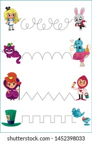 Handwriting practice for children in ‘Alice in Wonderland’ theme. Match characters and objects. Vector and educational illustration.