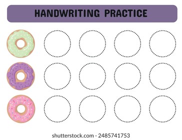 Handwriting practice with colored donuts.  Tracing worksheet for children of kindergarten, preschool and school age. Trace  a circle. Vector illustration