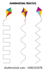Handwriting practice with colorful kites.