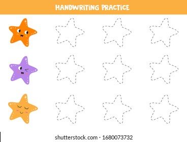Handwriting practice with colorful sea starfish. Tracing lines for kids.