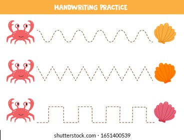 Handwriting practice with crabs and seashells. Tracing lines for kids.