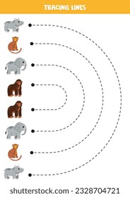 Handwriting practice with cute African animals. Tracing lines for preschoolers. Educational game for kids.