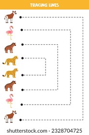 Handwriting practice with cute African animals. Tracing lines for preschoolers. Educational game for kids.