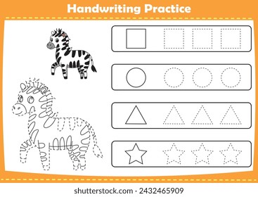 Handwriting practice with cute animals pictures. Tracing dashed lines