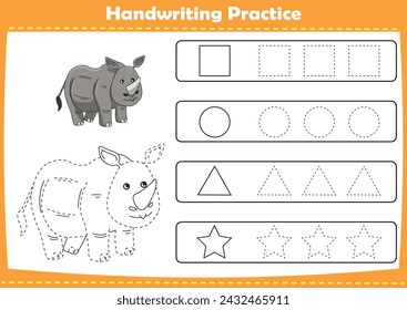 Handwriting practice with cute animals pictures. Tracing dashed lines