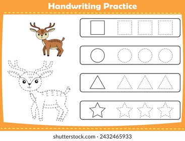 Handwriting practice with cute animals pictures. Tracing dashed lines