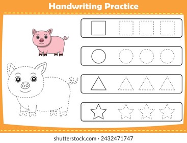 Handwriting practice with cute animals pictures. Tracing dashed lines