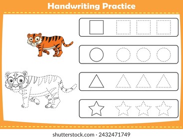 Handwriting practice with cute animals pictures. Tracing dashed lines