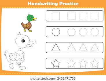 Handwriting practice with cute animals pictures. Tracing dashed lines