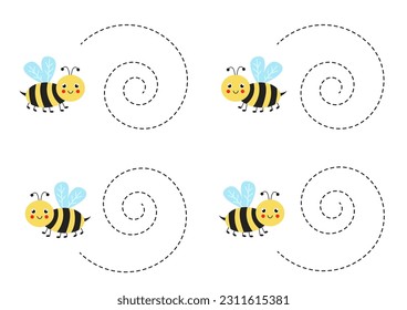 Práctica de escritura a mano con abejas lindas. Líneas de seguimiento para preescolares. Juego educativo para los niños.