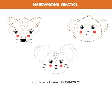 Handwriting practice with cute cartoon animal faces. Tracing lines for preschoolers. Educational game for kids.