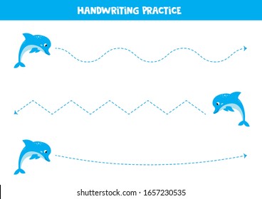 Handwriting practice with cute cartoon blue dolphin. Trace the lines. Worksheet for kids.