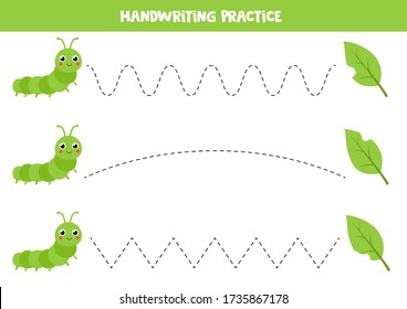 Handwriting practice with cute cartoon caterpillar and leaves. Tracing lines for preschool children. earn to write and to draw. Educational worksheet for kids.