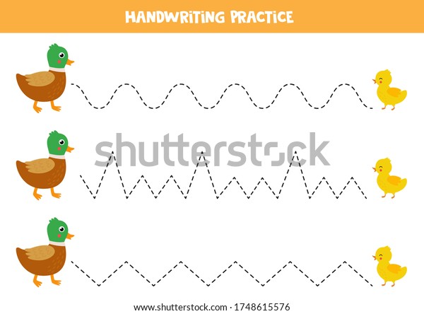 Handwriting practice
with cute cartoon duck and little baby duckling. Tracing lines for
kids. Educational worksheet for children. Practicing writing skills
for preschoolers.
