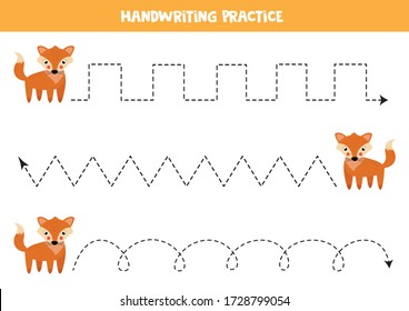 Handwriting practice with cute cartoon fox. Educational worksheet for kids.