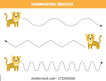 Handwriting practice with cute cartoon leopard. Tracing lines for kids.