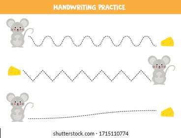 Handwriting practice with cute cartoon mouse and tasty slice of cheese. Tracing lines for kids.