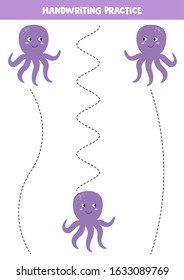 Handwriting practice with cute cartoon octopus. Tracing lines for kids.