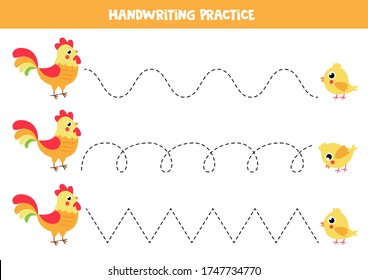 Handwriting practice with cute cartoon rooster and yellow baby chicken. Tracing lines for kids. Educational game for kids.