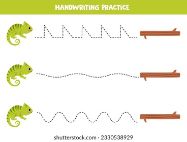 Handwriting practice with cute chameleon. Tracing lines for preschoolers. Educational game for kids.