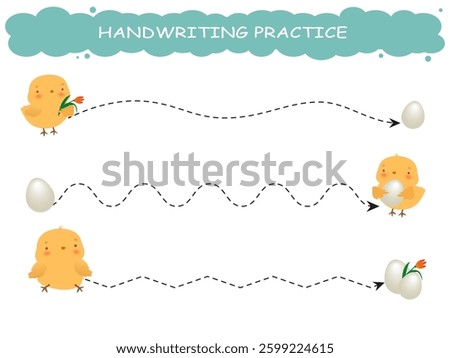 Handwriting practice. Cute chicken with egg. Drawing lessons. Education developing worksheet. Activity page. 