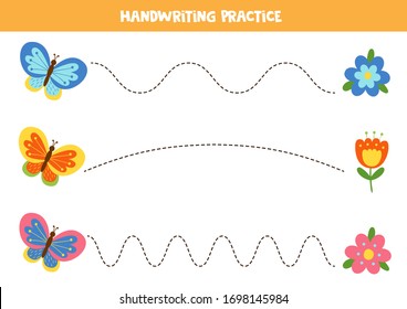 Handwriting practice with cute colorful butterflies and flowers. Tracing lines for kids.