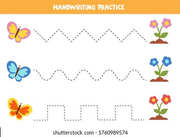 Handwriting practice with cute colorful butterflies and flowers in soil. Trace the lines. educational game for preschoolers. Summer activity book.