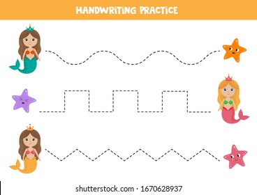 Handwriting practice with cute colorful mermaids and sea starfish. Trace the lines.