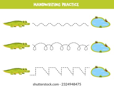 Handwriting practice with cute crocodile. Tracing lines for preschoolers. Educational game for kids.