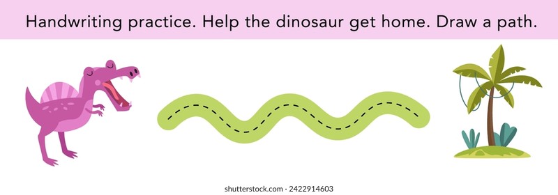 Handwriting practice. Cute dinosaur and home. Puzzle game for preschool children. Activity for kids. Cartoon vector illustration.
