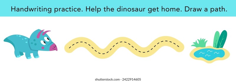 Handwriting practice. Cute dinosaur and home. Puzzle game for preschool children. Activity for kids. Cartoon vector illustration.