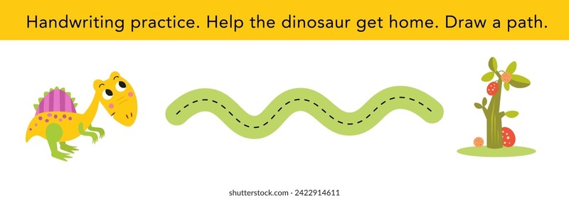 Handwriting practice. Cute dinosaur and home. Puzzle game for preschool children. Activity for kids. Cartoon vector illustration.