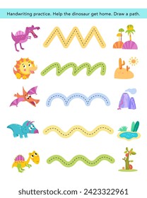 Práctica de escritura a mano. Los dinosaurios y el hogar. Juego de rompecabezas para niños preescolares. Actividad para los niños. Ilustración vectorial de dibujos animados.