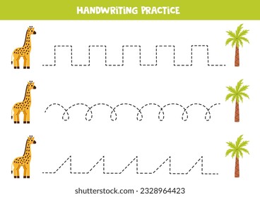 Práctica de escritura a mano con jirafa linda. Líneas de seguimiento para preescolares. Juego educativo para los niños.