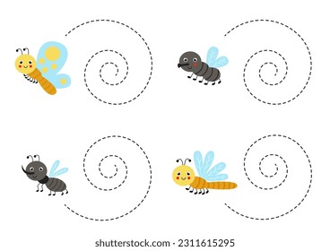 Handwriting practice with cute insects. Tracing lines for preschoolers. Educational game for kids.